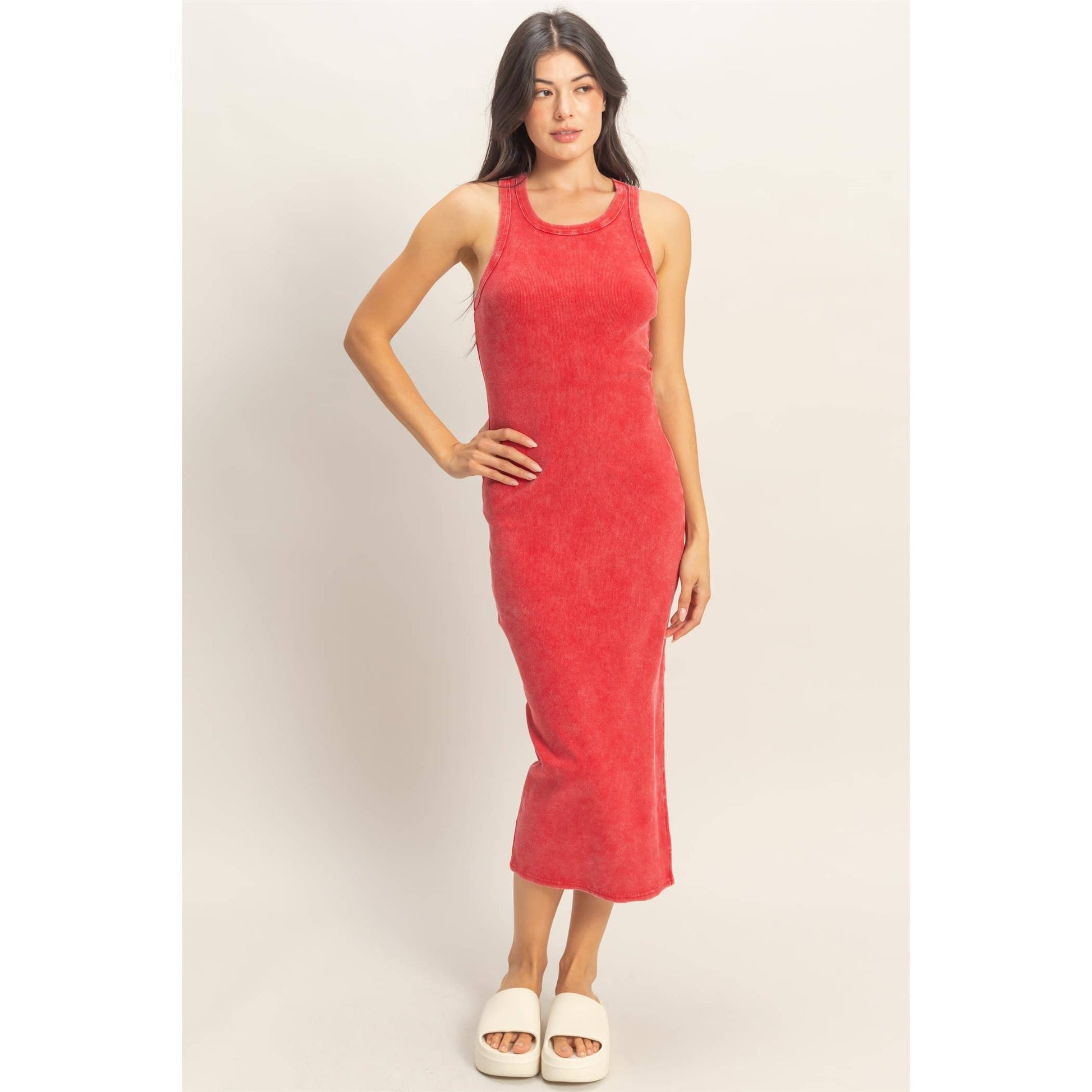 Acid Washed Ribbed Midi Tank Dress