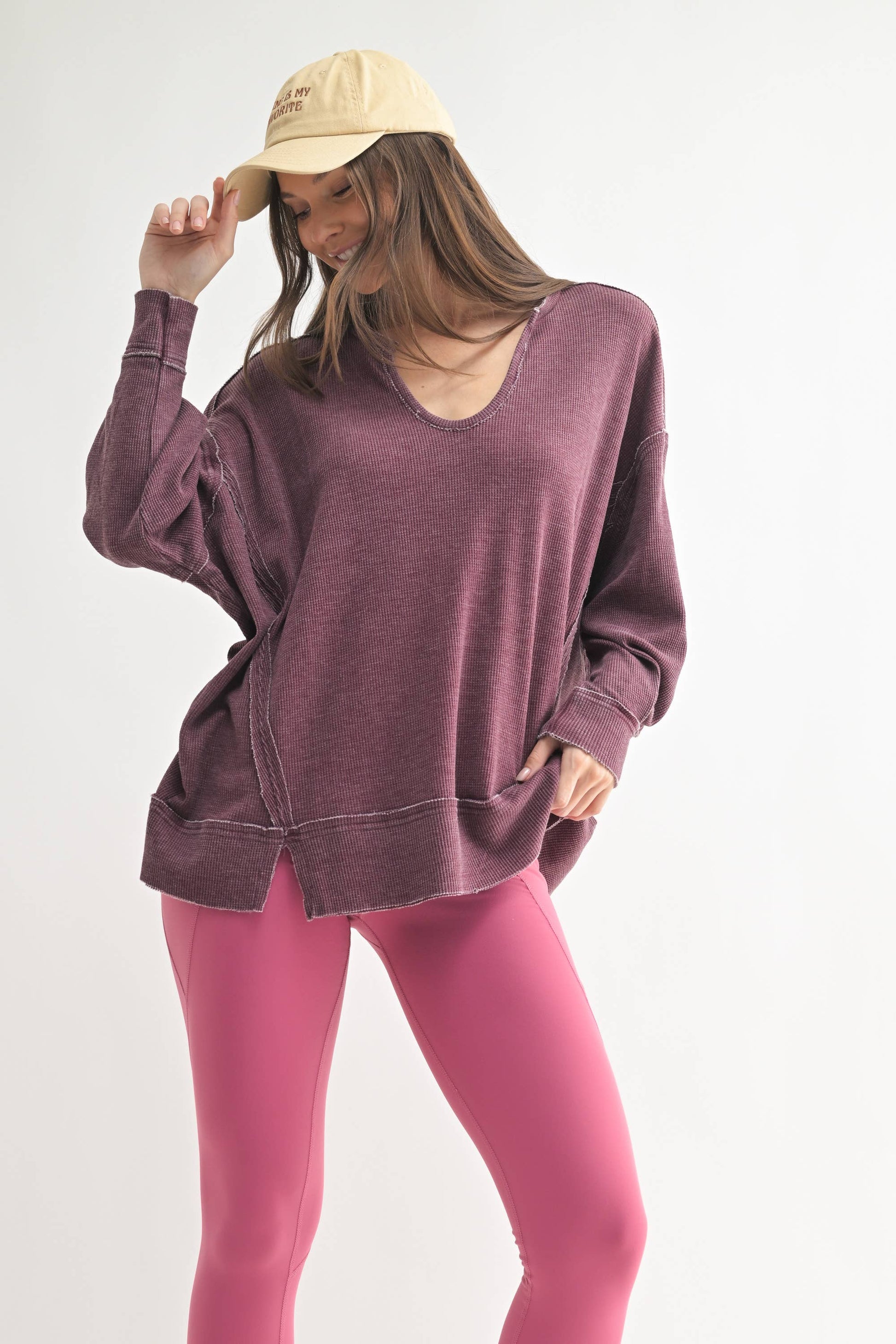 Cotton Blend Waffle Knit Oversized Long Sleeve