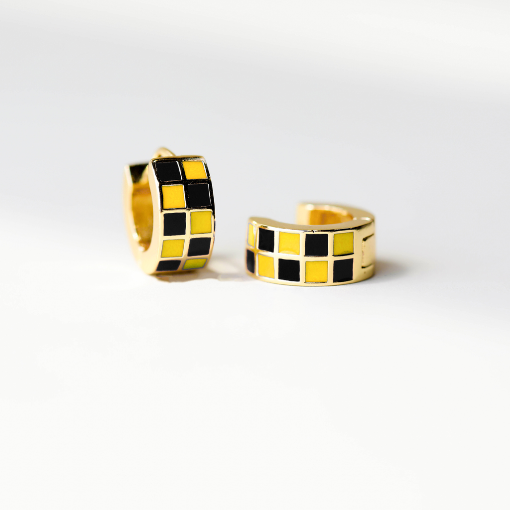 Black & Yellow Checkered Enamel Huggie Earrings