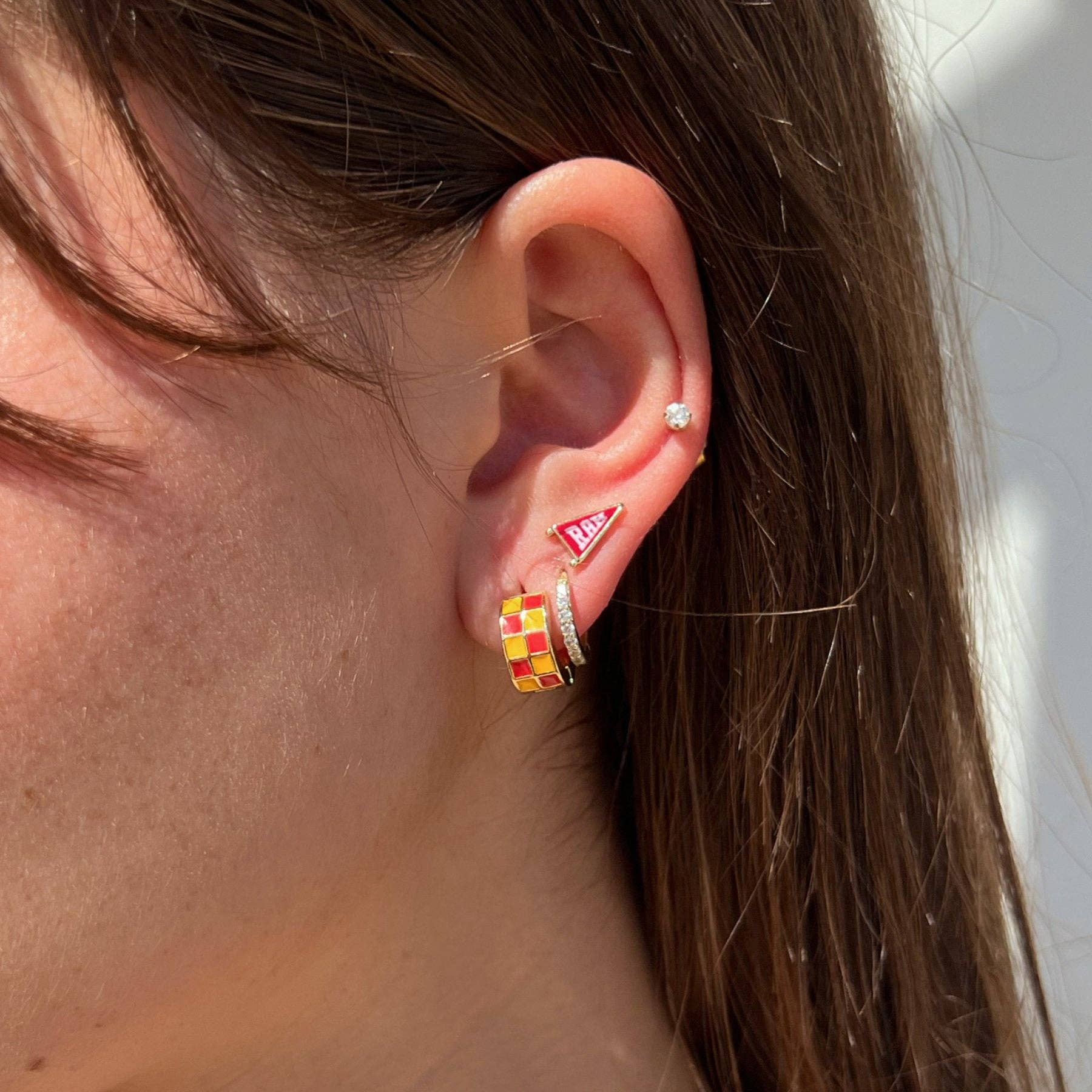 Red & Yellow Checkered Enamel Huggie Earrings