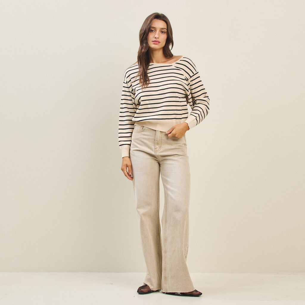 Asymmetric neckline striped sweater