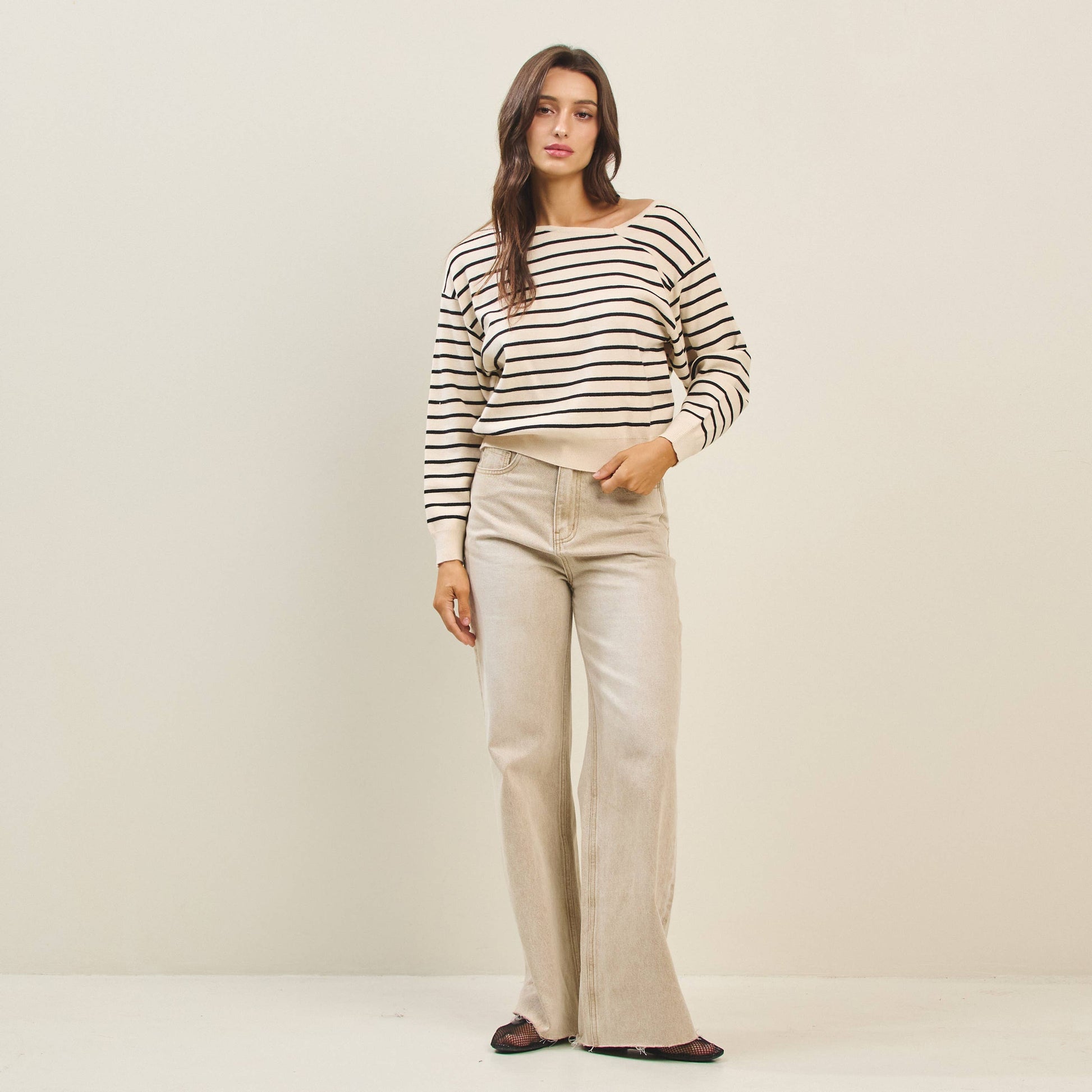 Asymmetric neckline striped sweater