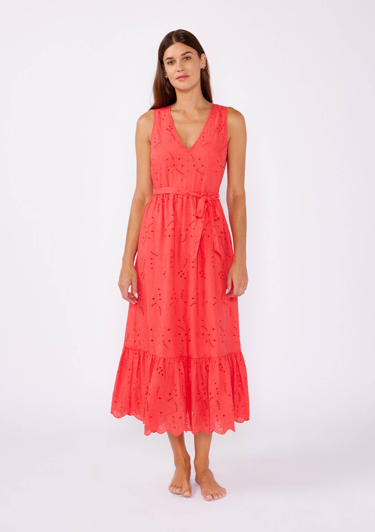 V-Neck Eyelet Midi Dress with Waist Belt