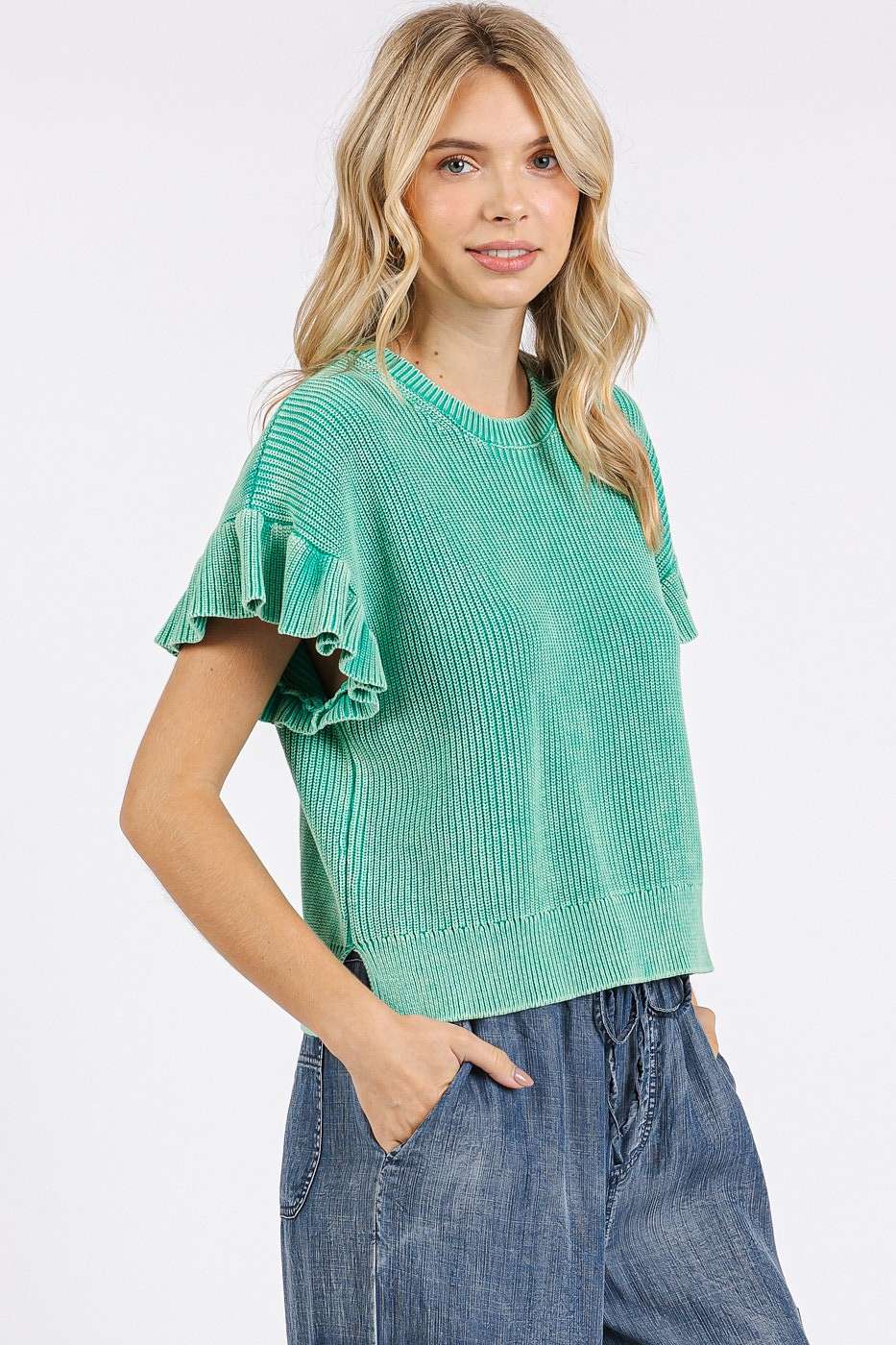 MINERAL WASH RUFFLE SHORT SLEEVE SWEATER TOP