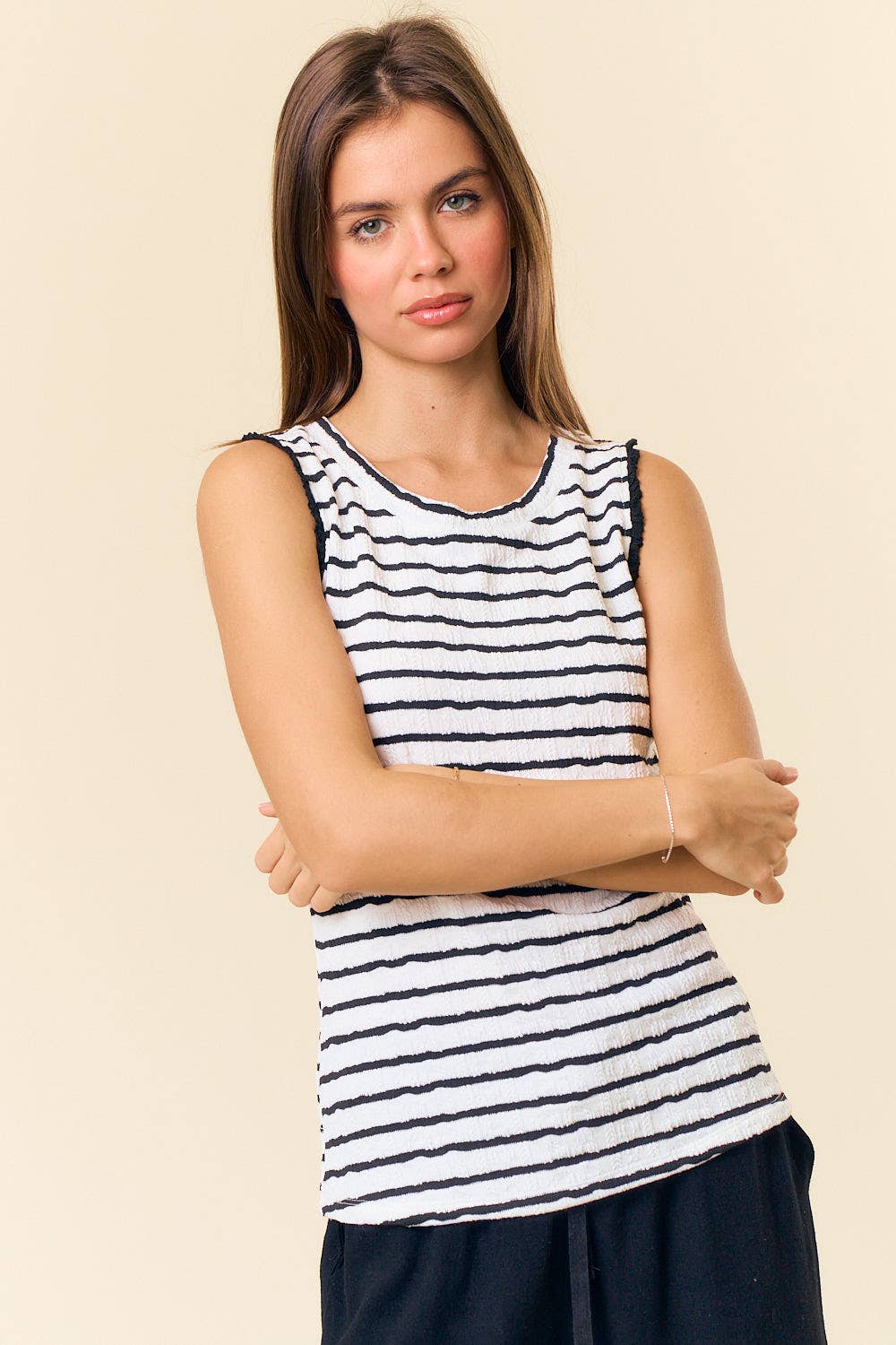 TEXTURED STRIPE KNIT RUFFLE TANK TOP