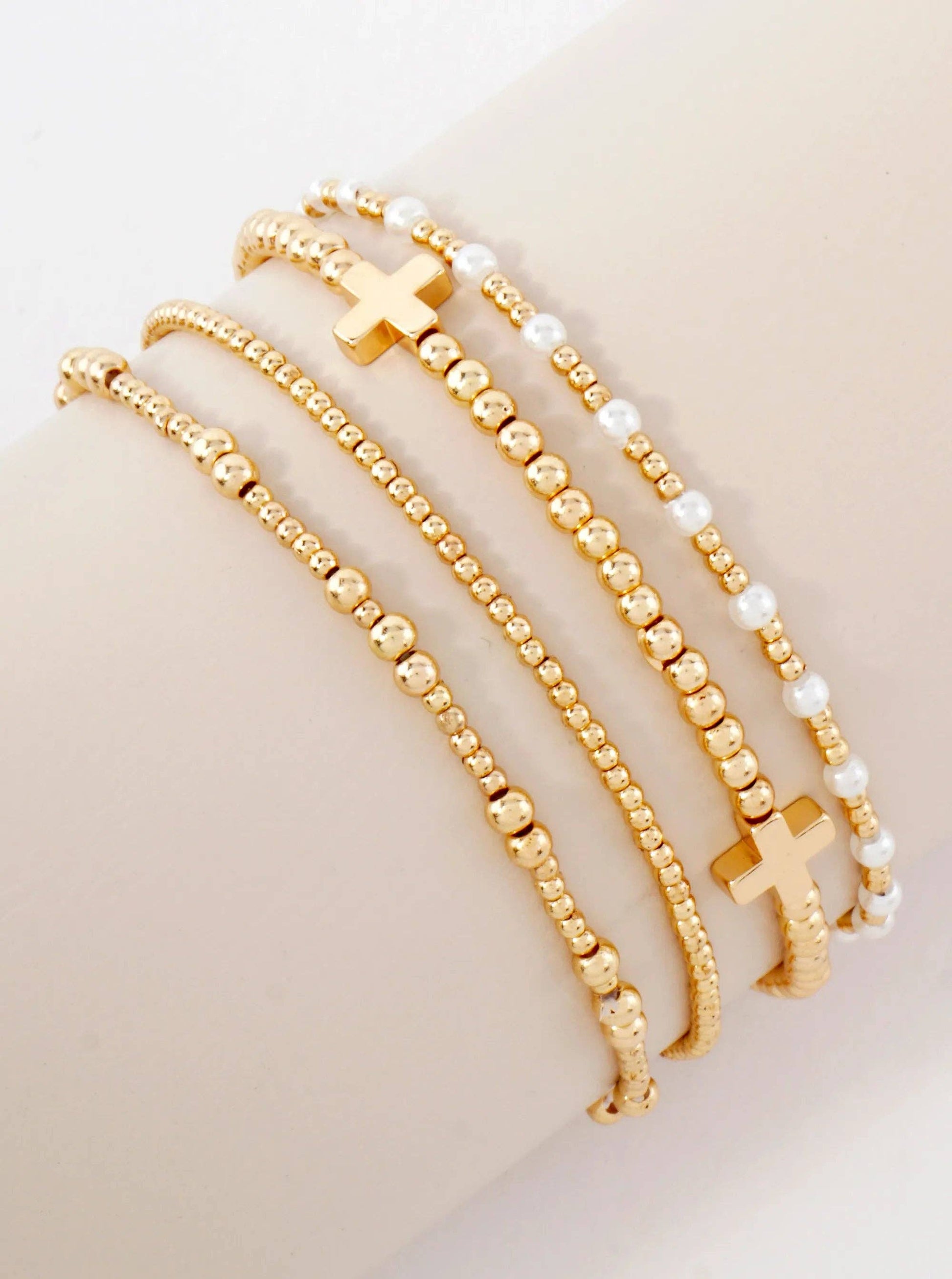 4PC-Set Cross Accents Metallic Beaded Stackable Stretch Bracelet