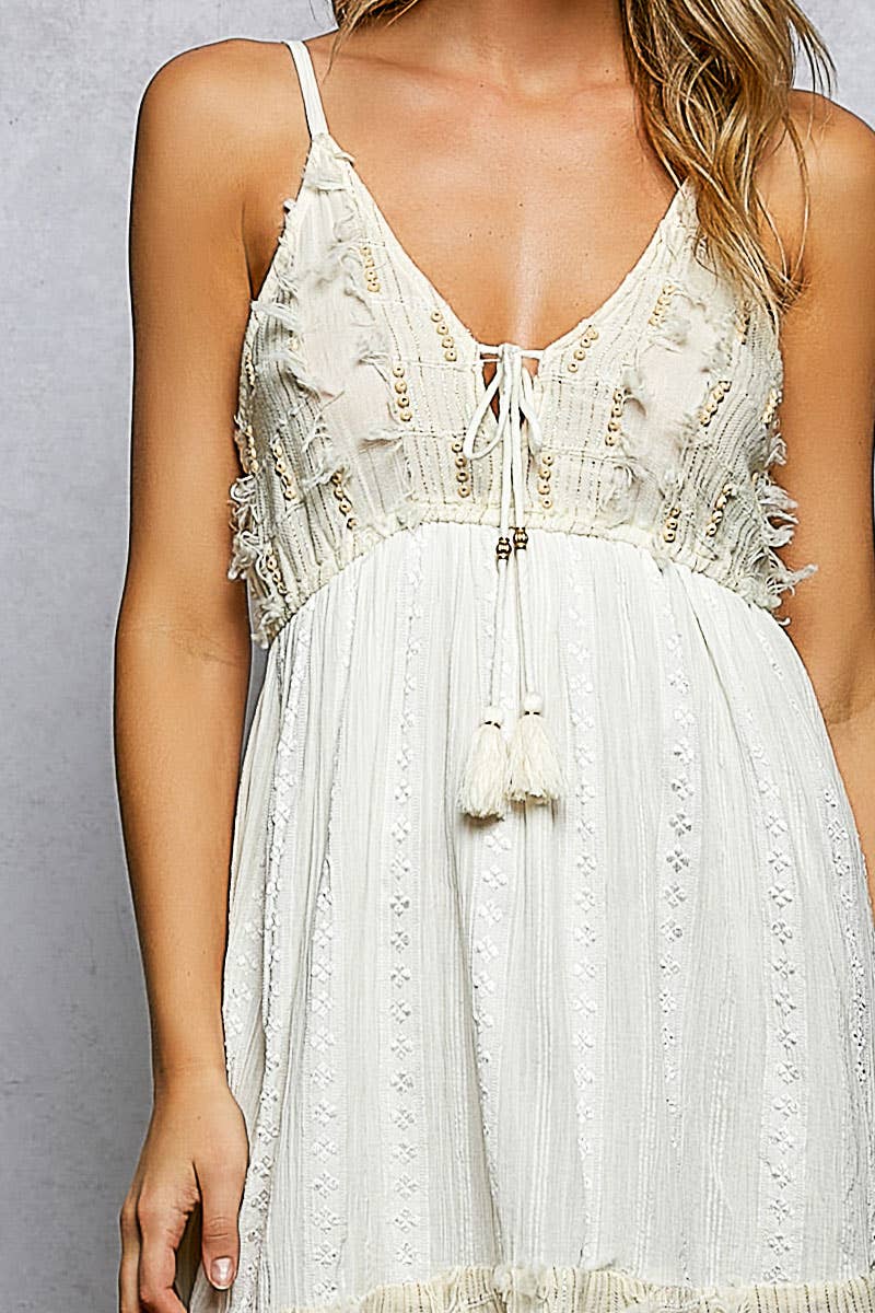 V-Neck Boho Beaded Smocked Dress