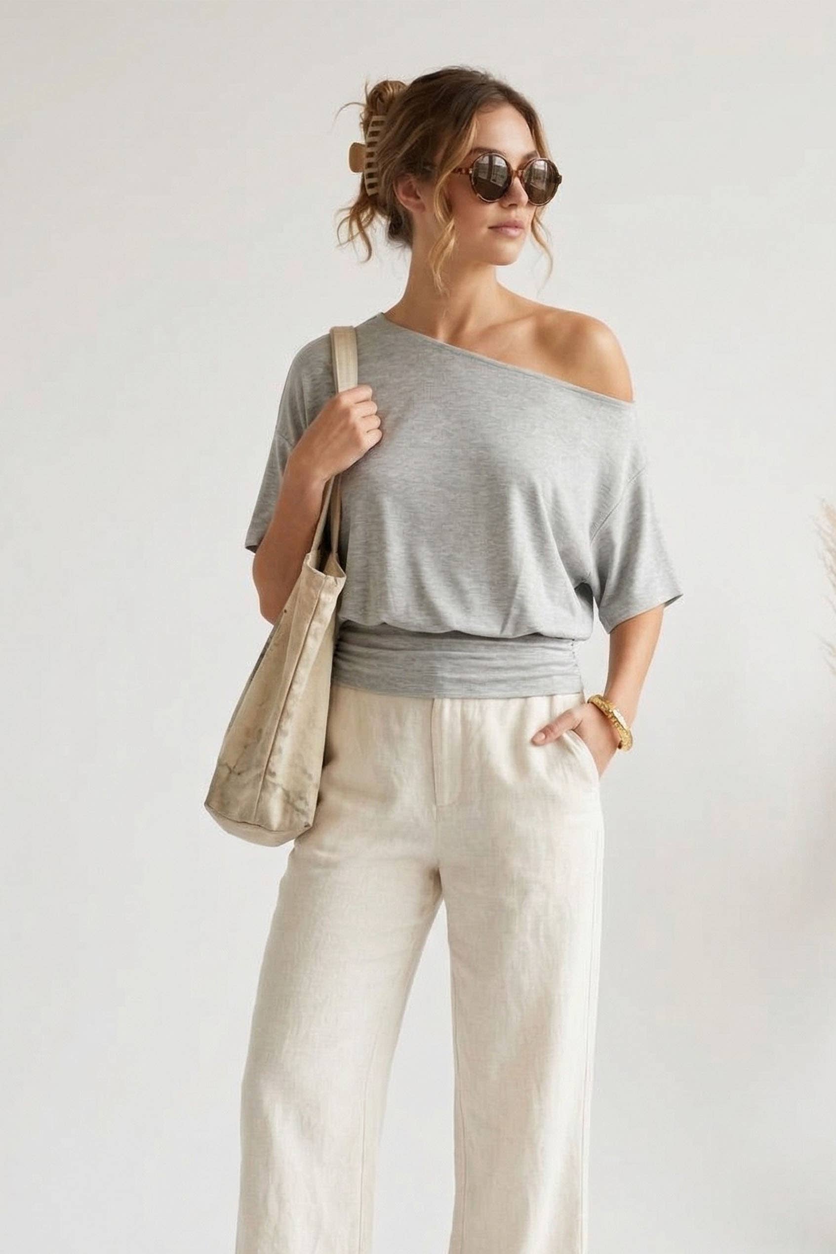 One-Shoulder Ruched Waist Knit Top