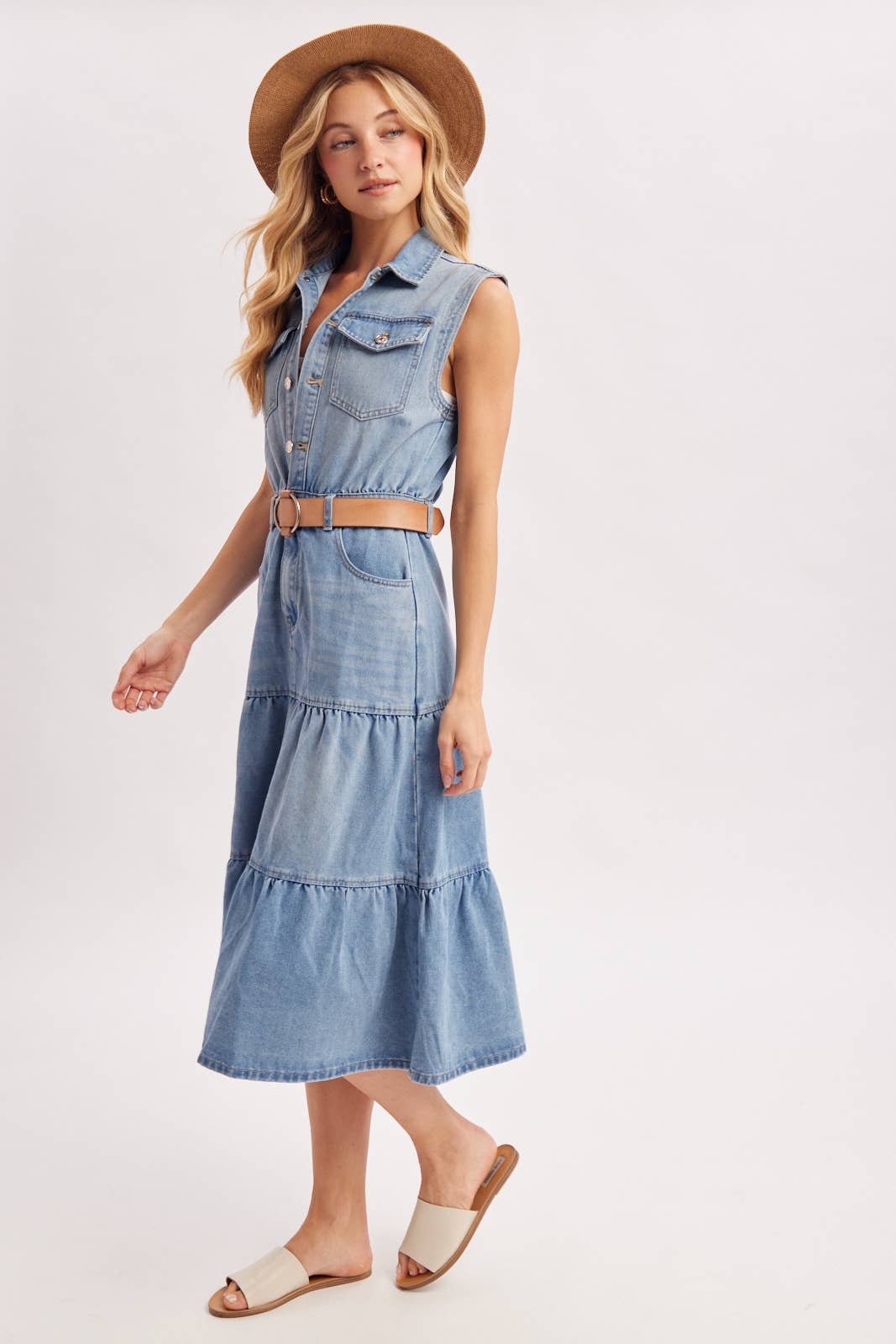 DENIM SLEEVELESS SHIRT TIERED MIDI DRESS – Tulip Bloom Boutique
