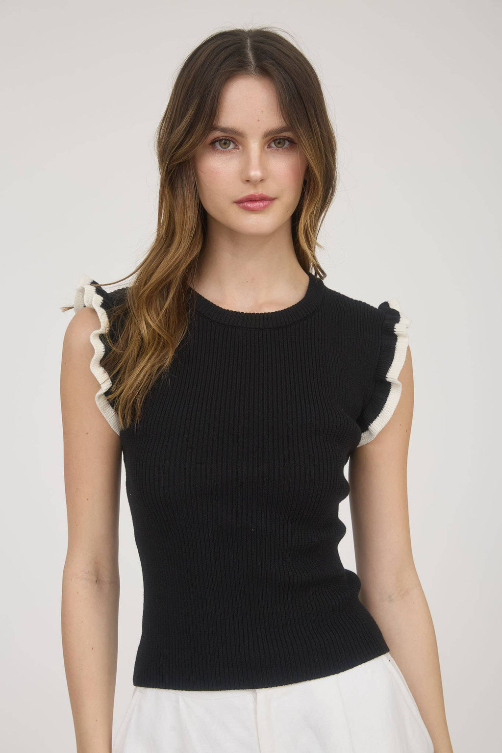 CONTRAST RUFFLE SLEEVE SWEATER KNIT TOP