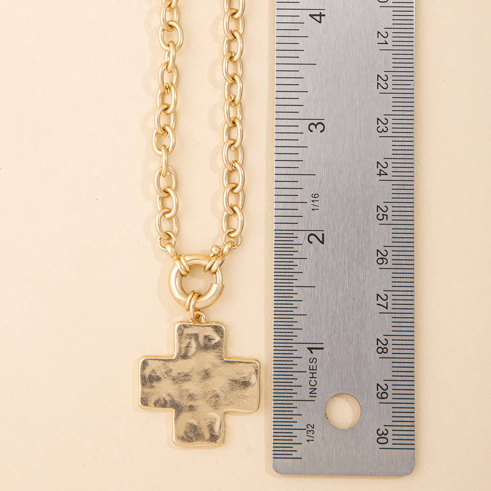 Hammered Square Cross Pendant Chunky Chain Necklace