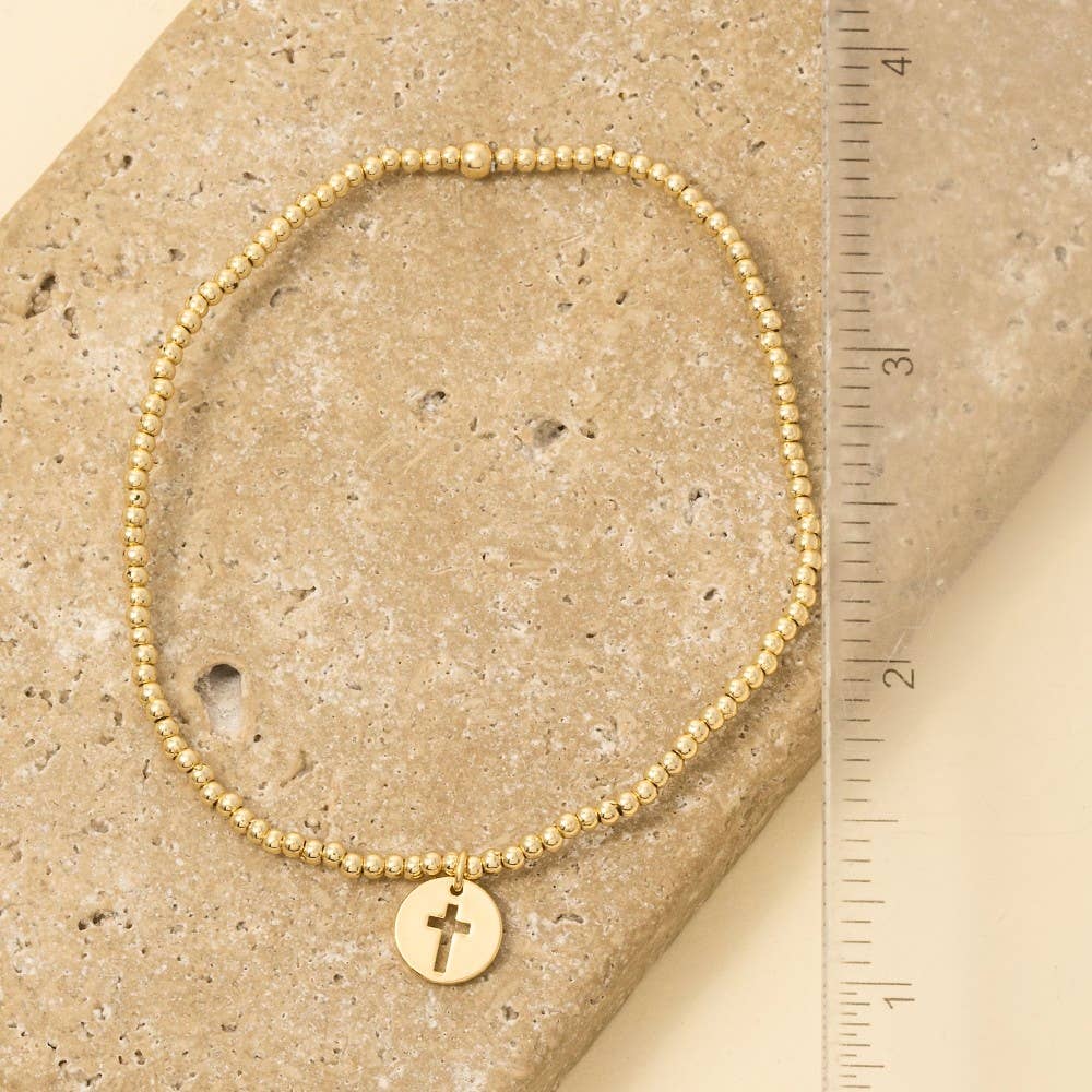 Gold Dipped Cross Coin Charm Beaded Bracelet