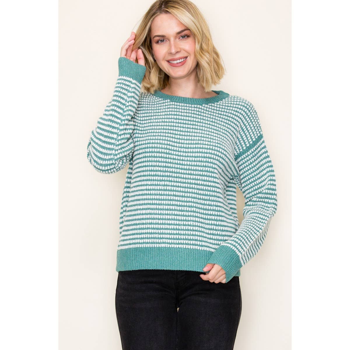 2 TONE WAFFLE STRIPED PULLOVER SWEATER