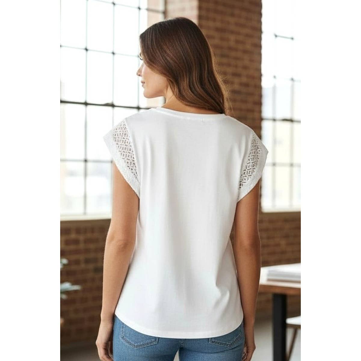 LACE INSET COTTON JERSEY TOP