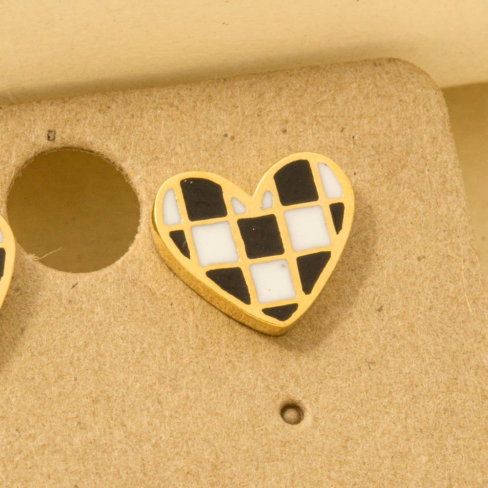 Gold Dipped Checkered Heart Stud Earrings