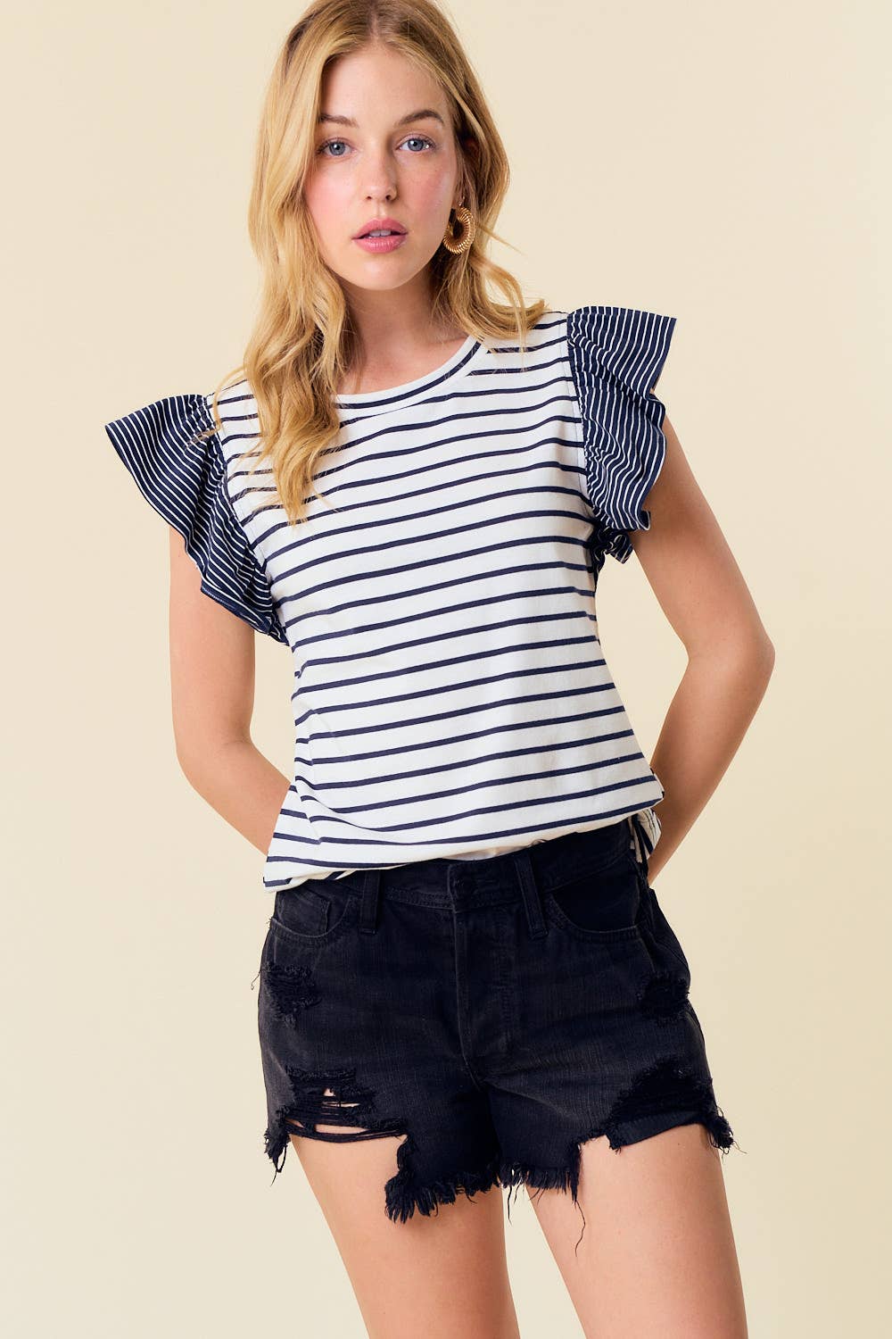 CREWNECK RUFFLE SLEEVE STRIPE MIXED TOP