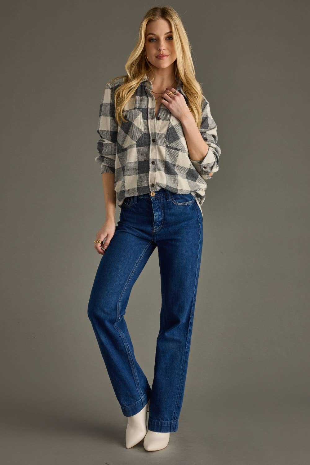 Gray & Cream Plaid Button Up