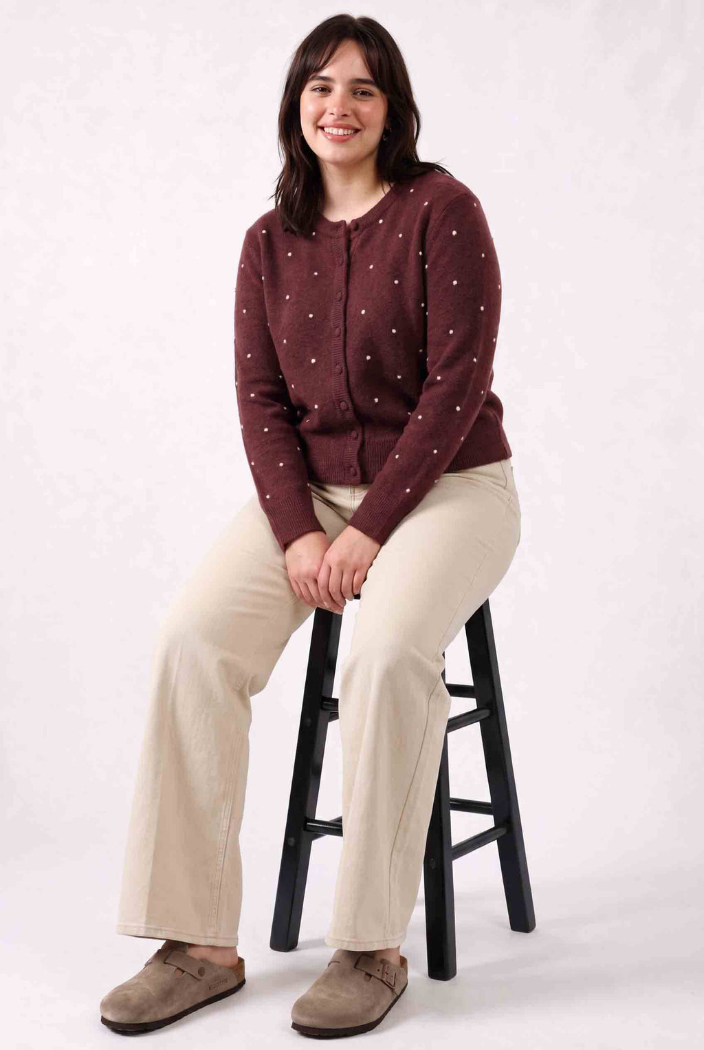 CURVY WOOL BLENDED COZY DOTTED KNIT CARDIGAN