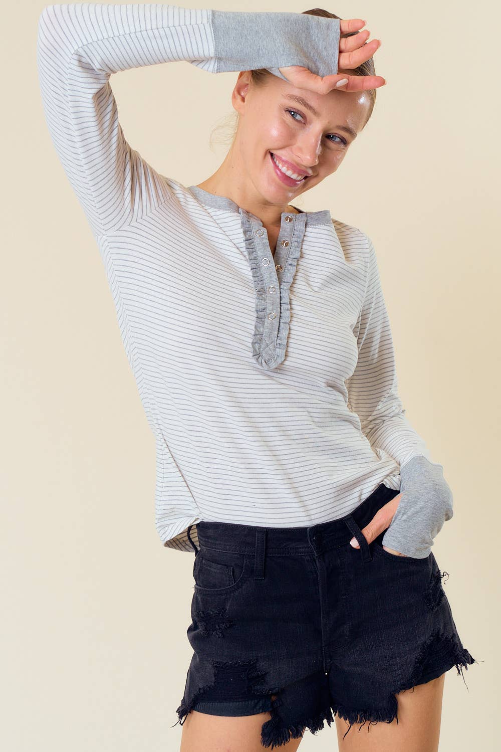 STRIPE LONG SLEEVE HENLEY TOP W/ THUMBHOLES