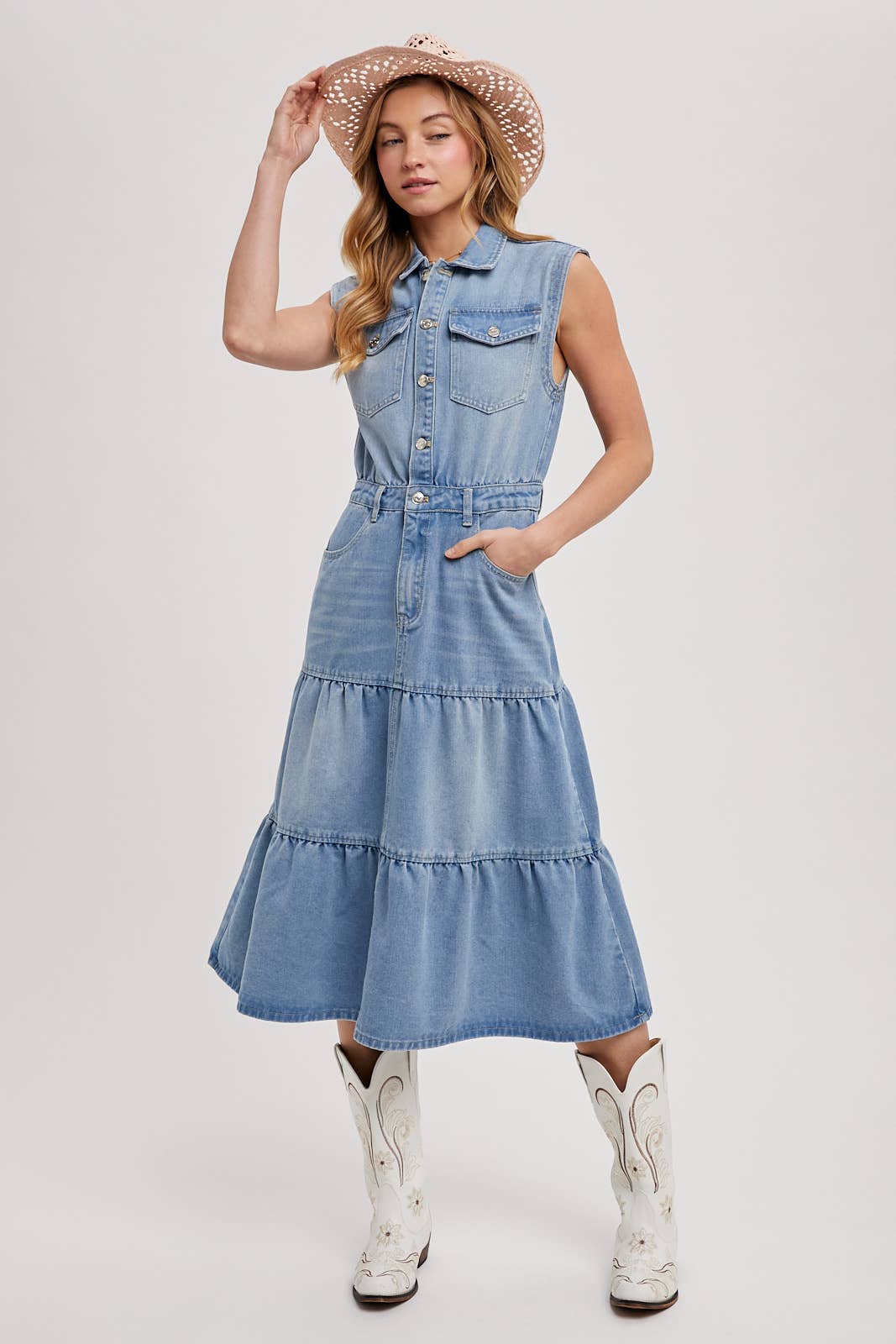 DENIM SLEEVELESS SHIRT TIERED MIDI DRESS