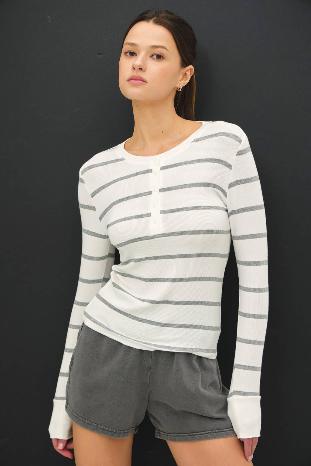 CLASSIC RIBBED STRIPED HENLEY LONGSLEEVE TOP