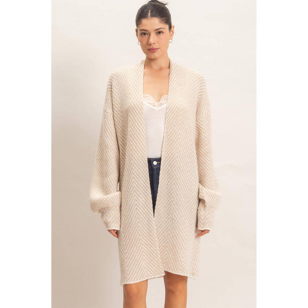 Herringbone Pattern Open-Front Cardigan