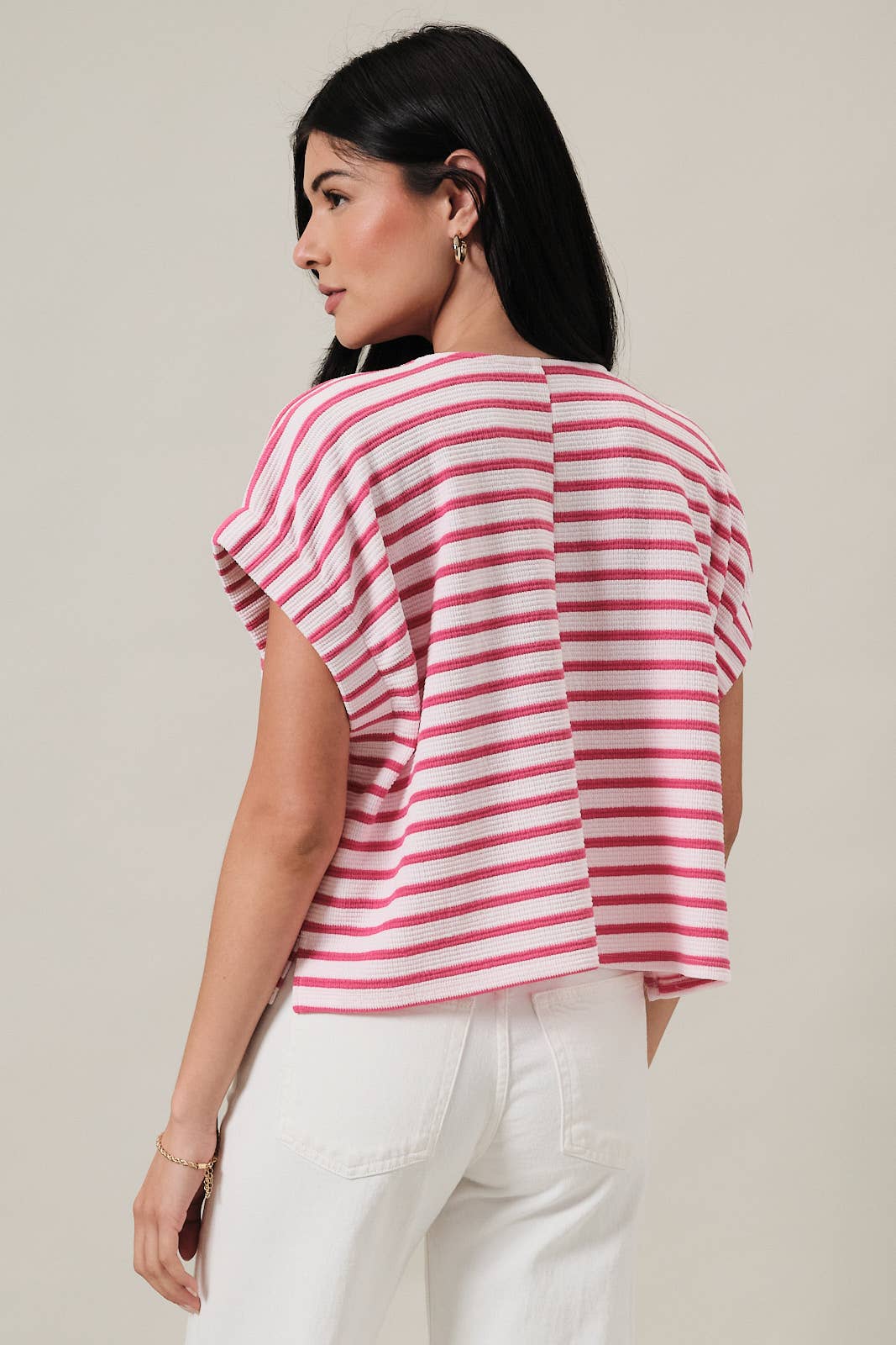 ROUND NECK SHORT SLEEVE ELASTIC CUFF STRIPE TOP