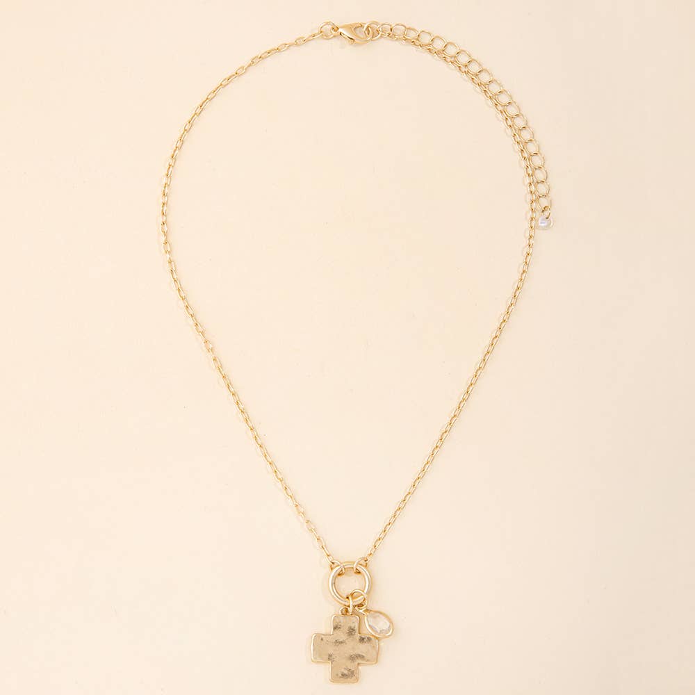 Dainty Hammered Cross And Pearl Charm Necklace