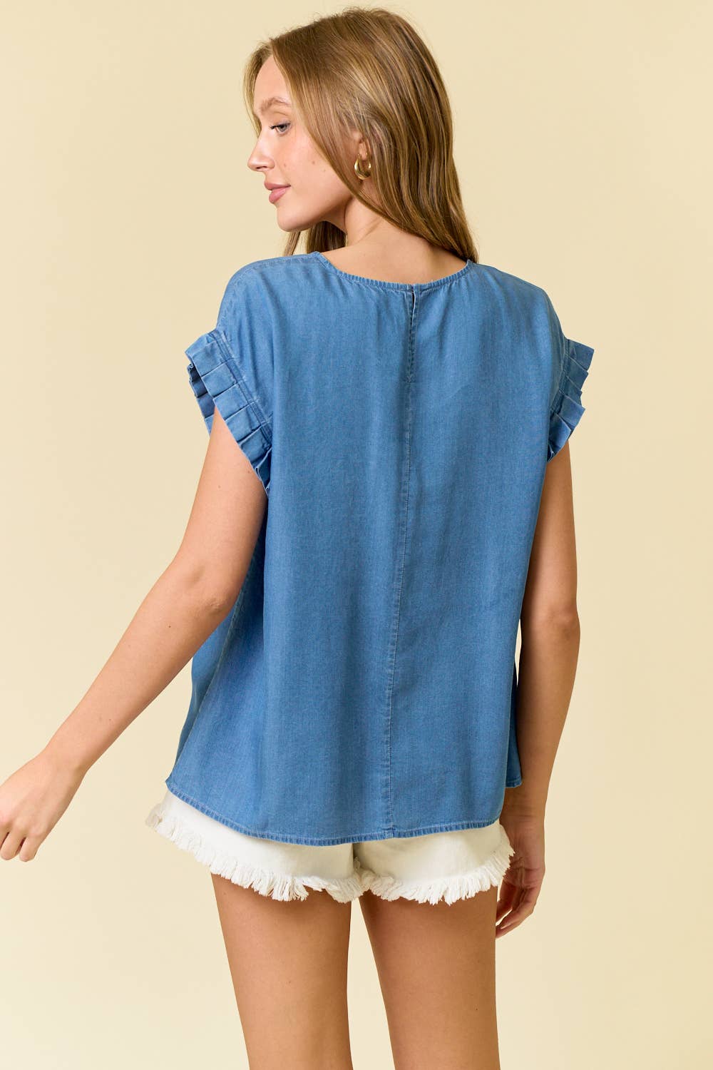 TENCEL DENIM PLEATED DOLMAN SLEEVE TOP
