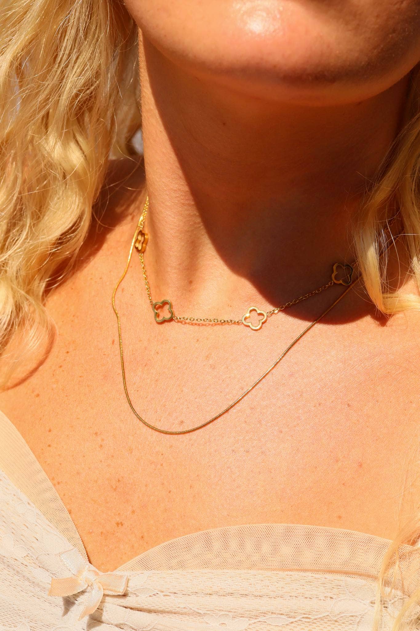 18K Gold PVD Stainless Steel Layered Clover Charm Necklace: Stainless