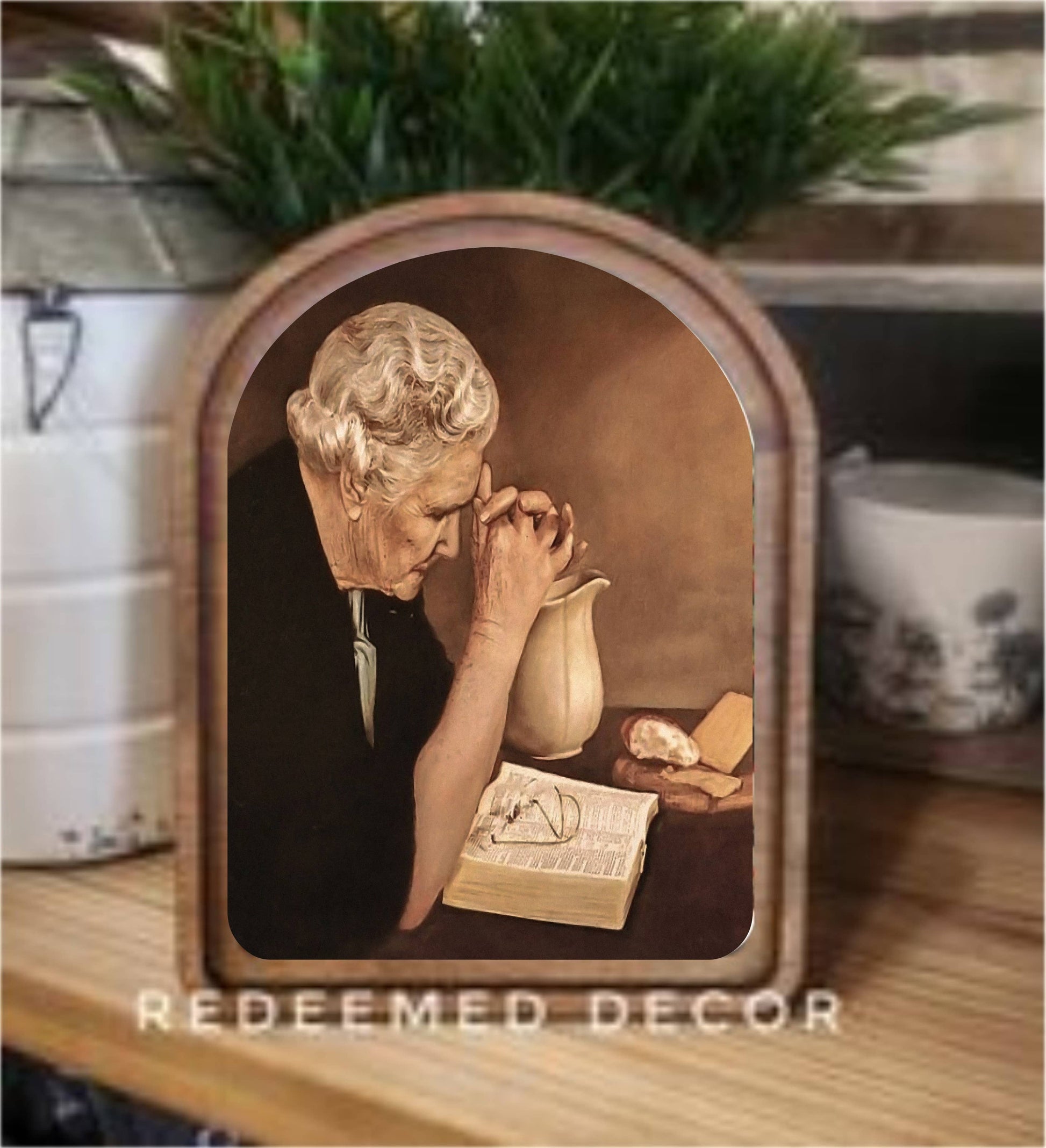 6x8 Arch Top Praying Woman Framed Art