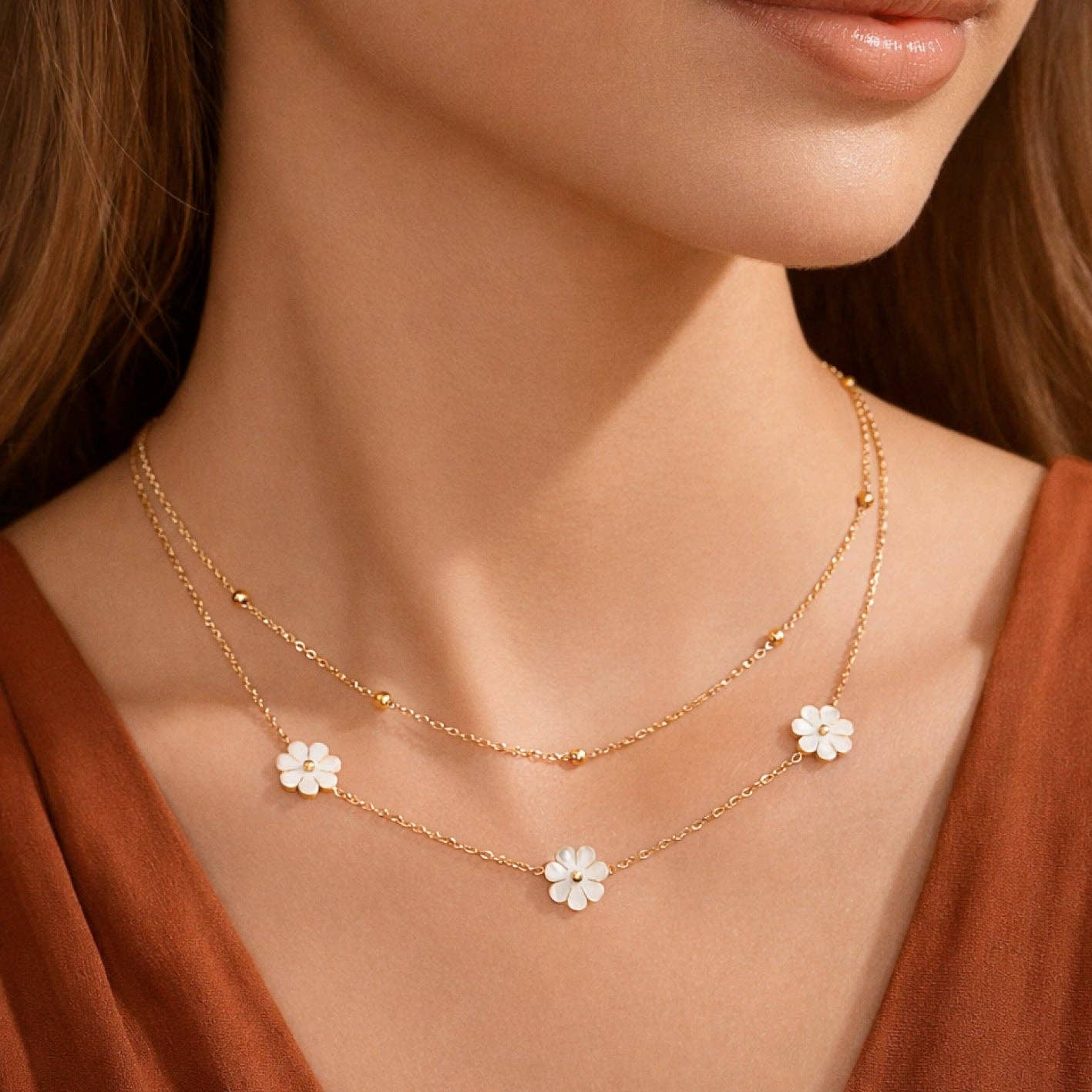 18K Gold Plated Waterproof Stainless Steel Layered Flower Necklace