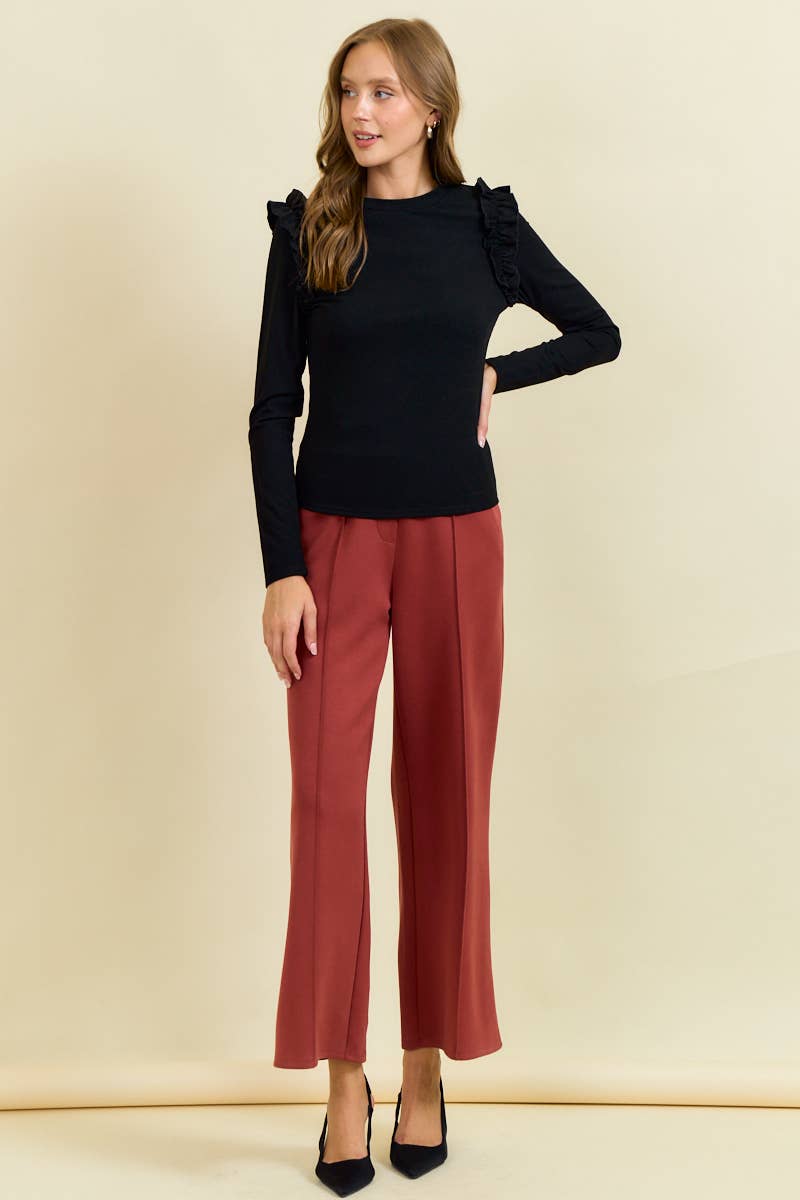 FAUX SUEDE RUFFLE SHOULDER LONG SLEEVE TOP