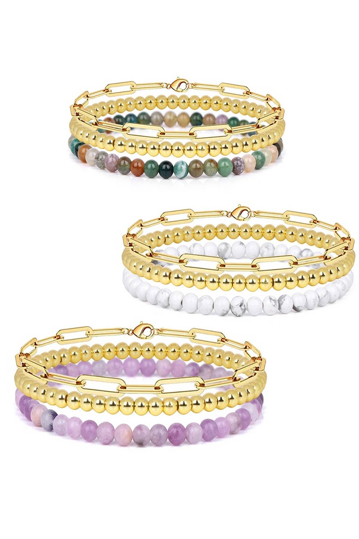 MULTI LAYER NATURAL STONE BALL CHAIN LINK BRACELET