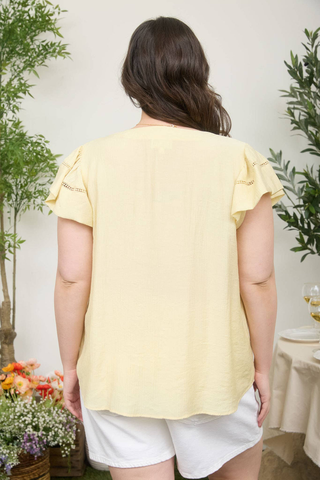 Curvy Lace Trim Ruffle Sleeve Top