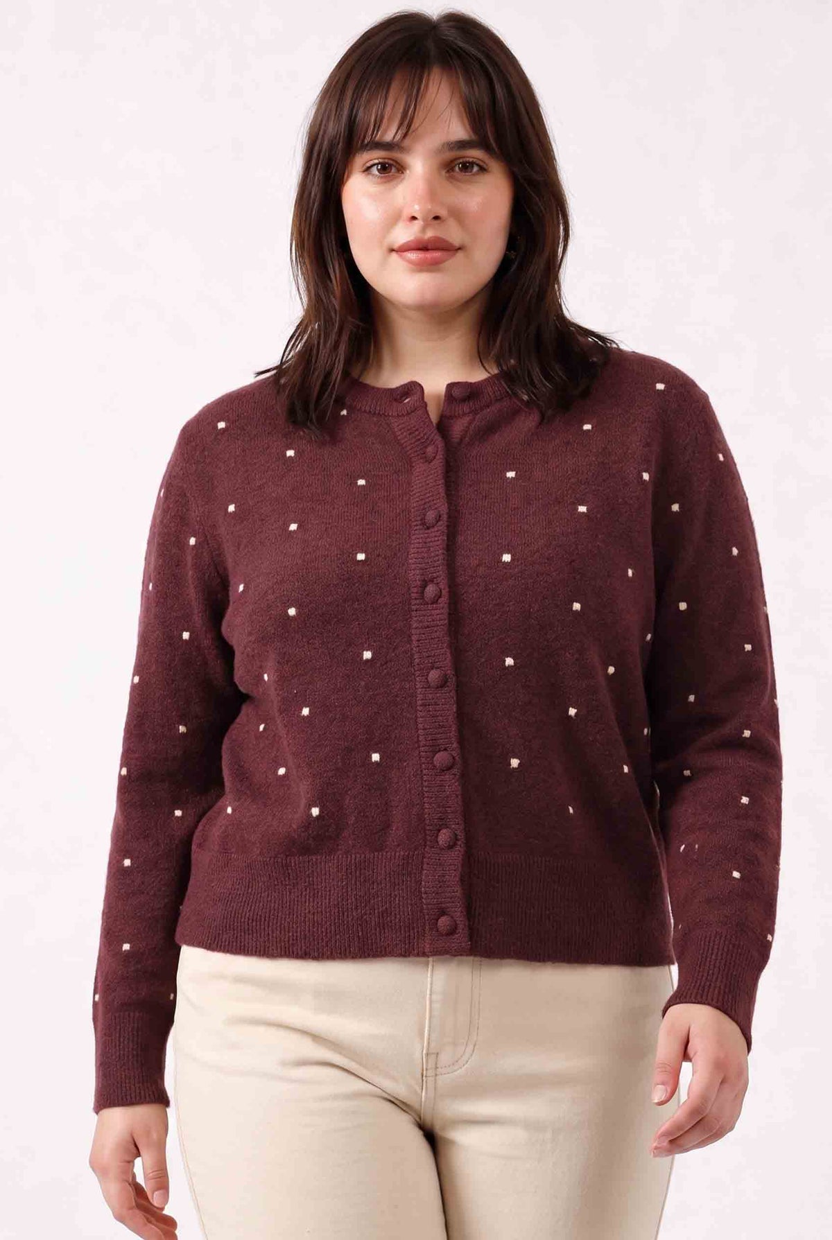 CURVY WOOL BLENDED COZY DOTTED KNIT CARDIGAN