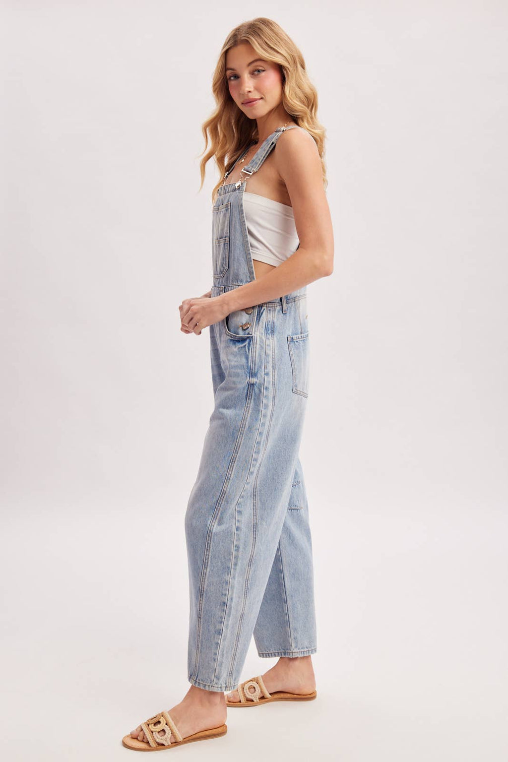 DENIM MINI BARREL OVERALLS