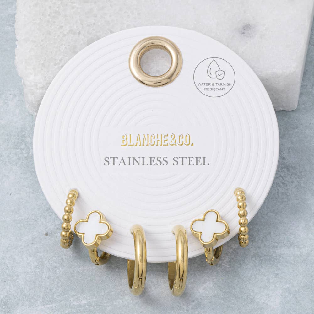 Stainless Steel Clover And Hoop Earrings Set