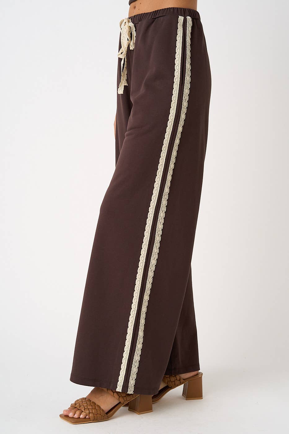 LACE STRIPED ELASTIC WAIST TERRY SWEATPANTS