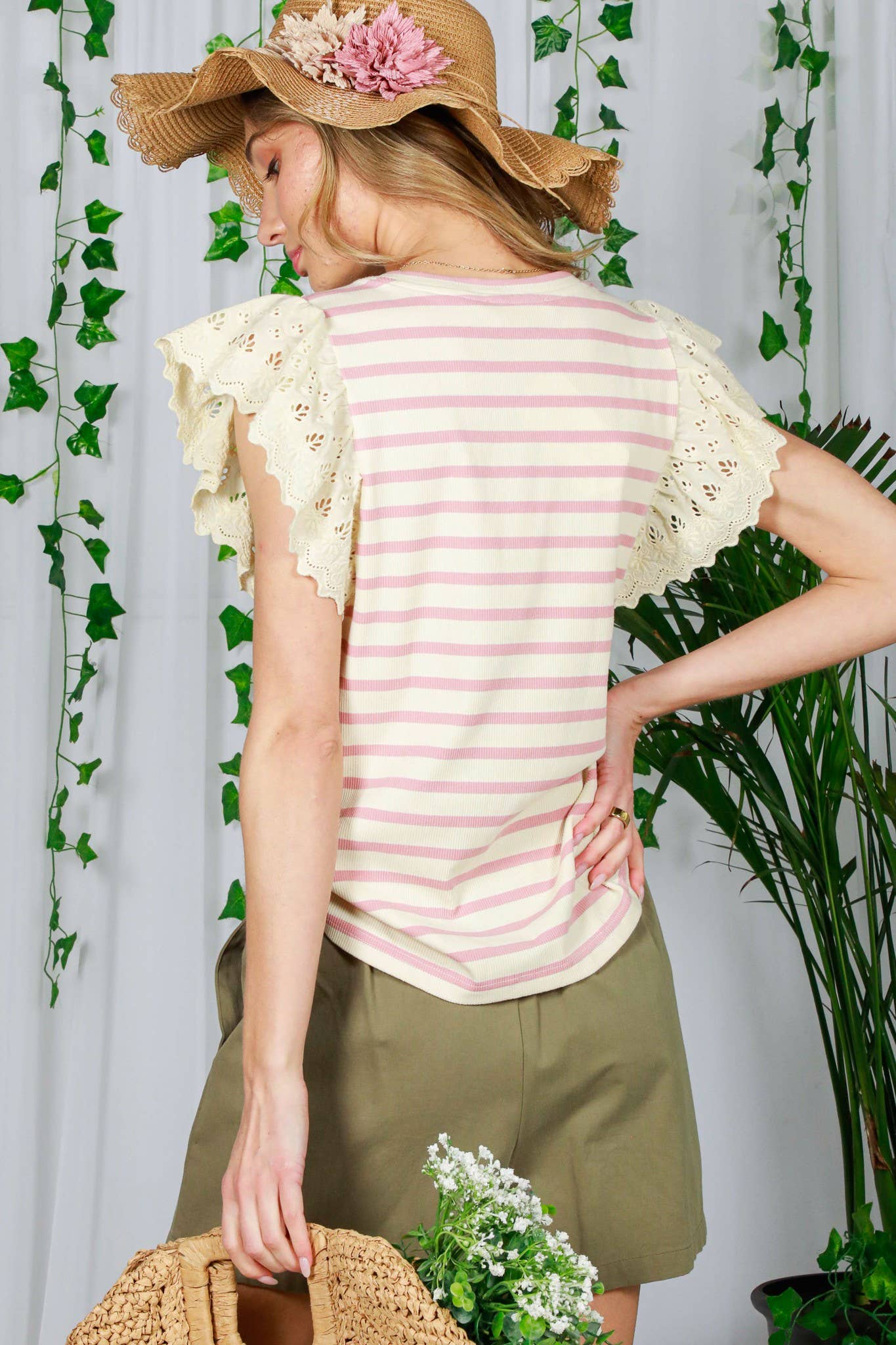Lace Flutter Sleeve Striped Cotton Rib Knit Top