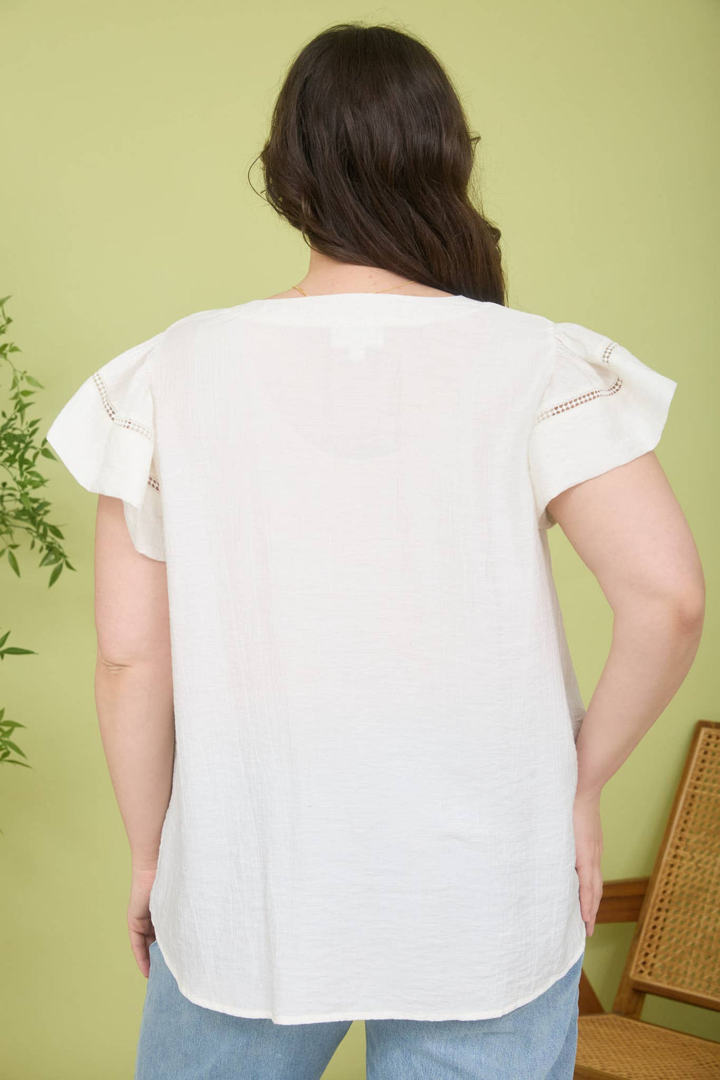 Curvy Lace Trim Ruffle Sleeve Top