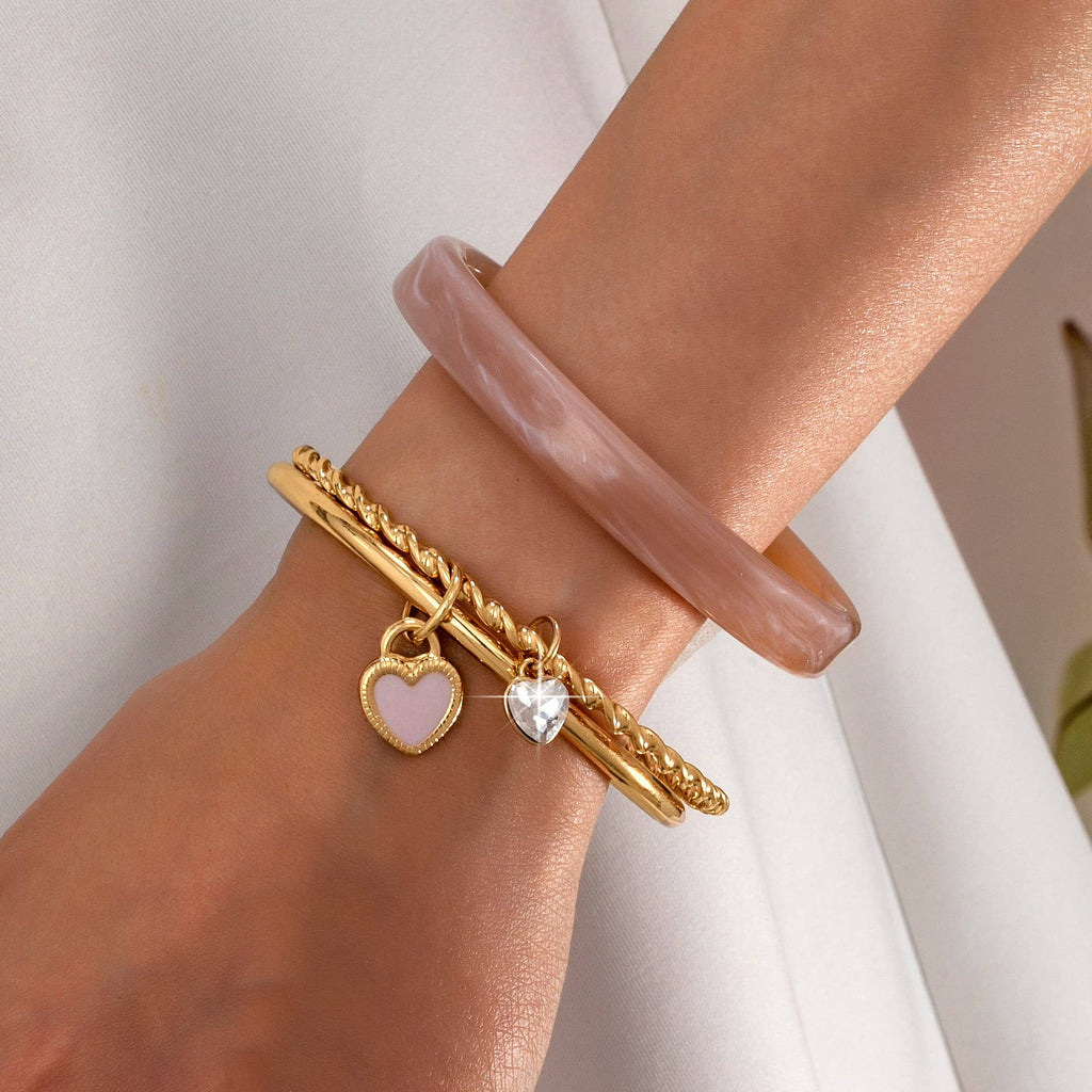 Gold and Acrylic Heart Charm Multi Bangle Set