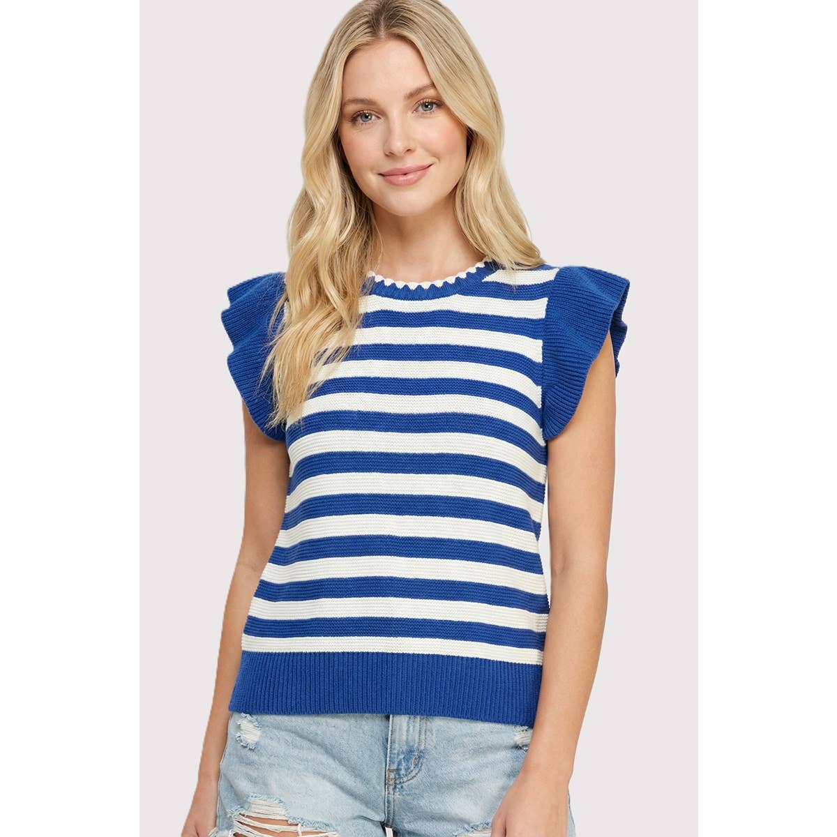 STRIPED RUFFLE SLEEVE SWEATER