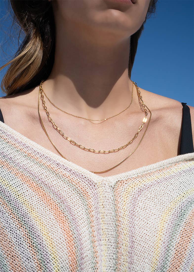 18K Gold PVD Stainless Steel Loop, Box, and Paperclip Layered Chain Necklace