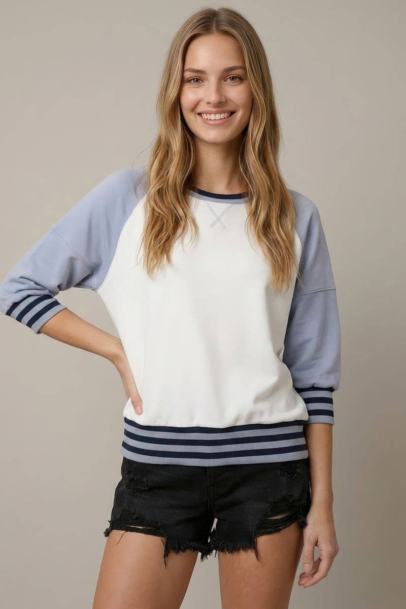 COLOR BLOCK RAGLAN RIB BAND DETAIL SWEATSHIRT
