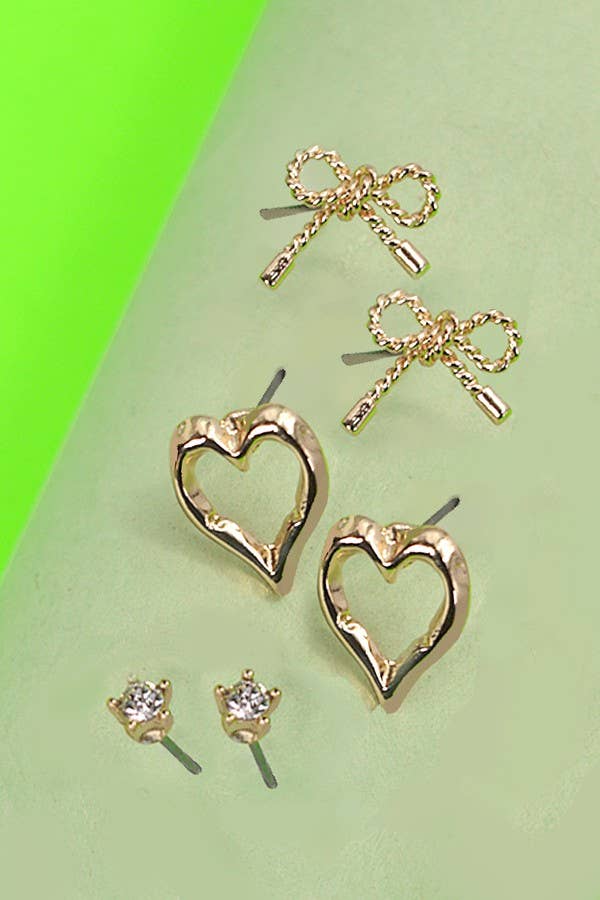 BOW HEART CHARM STUD EARRINGS SET