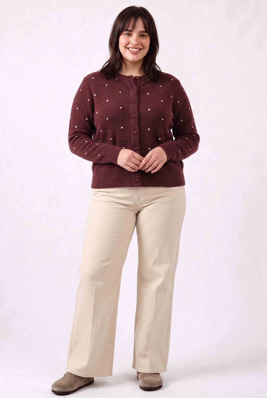 CURVY WOOL BLENDED COZY DOTTED KNIT CARDIGAN