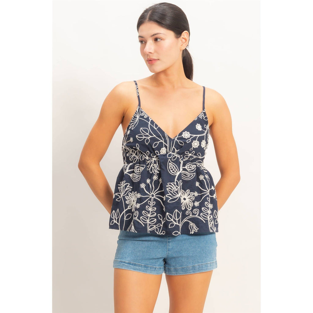 Embroidered V-Neck Smocked Top
