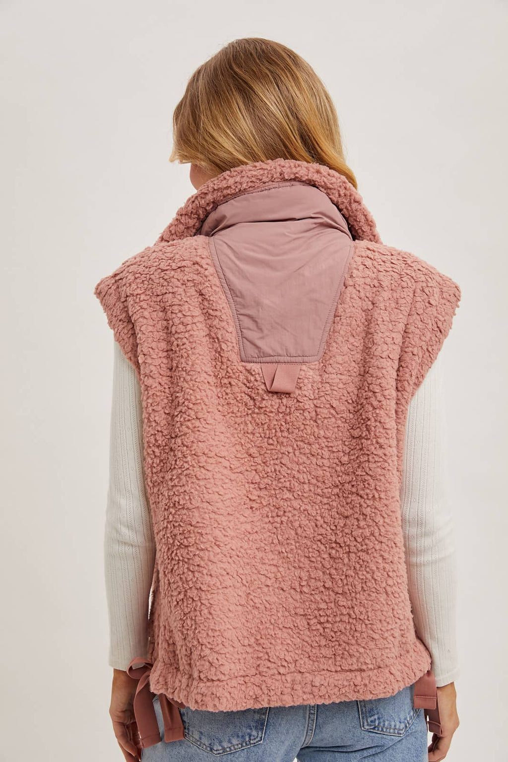 BUTTON DOWN MOCK NECK FLEECE SHERPA VEST