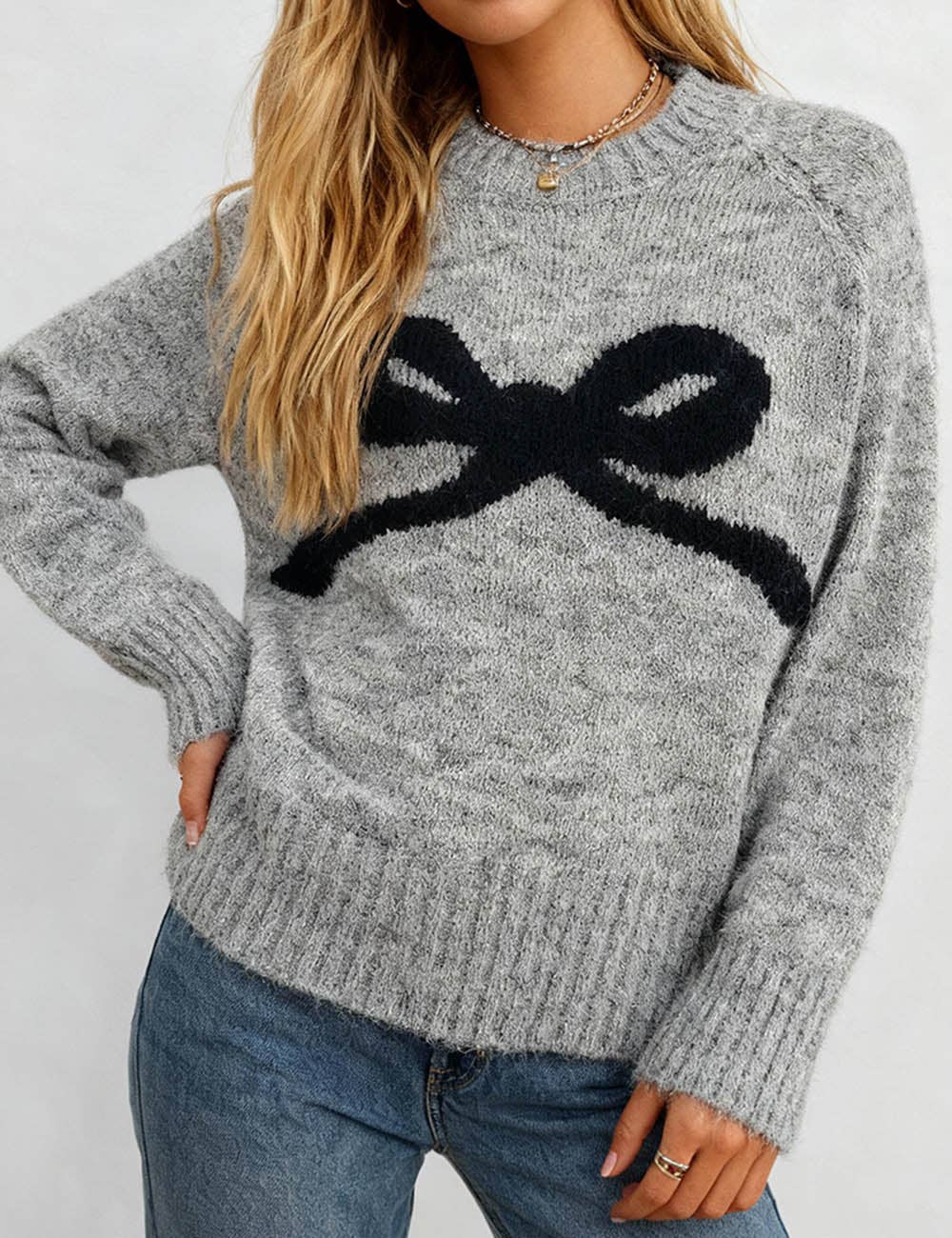 Ladies Round Neck Bow Pattern Ribbed Trim Knit Sweater